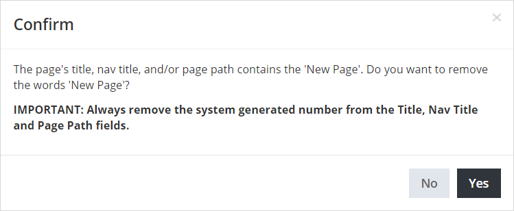 Warning message displayed when a page is saved with 'new page' in the title