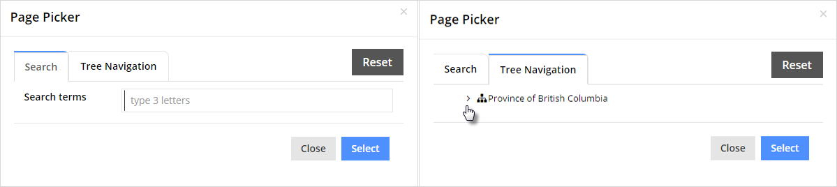 page picker search and tree navigation