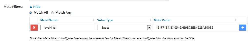 Use a meta tag filter to filter searches by values and value types in meta tags in a search instance. 