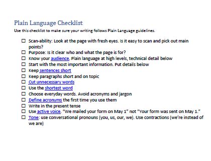 Thumbnail screenshot of the Plain Language Checklist