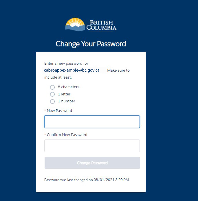 CABRO board appointment application change your password screen