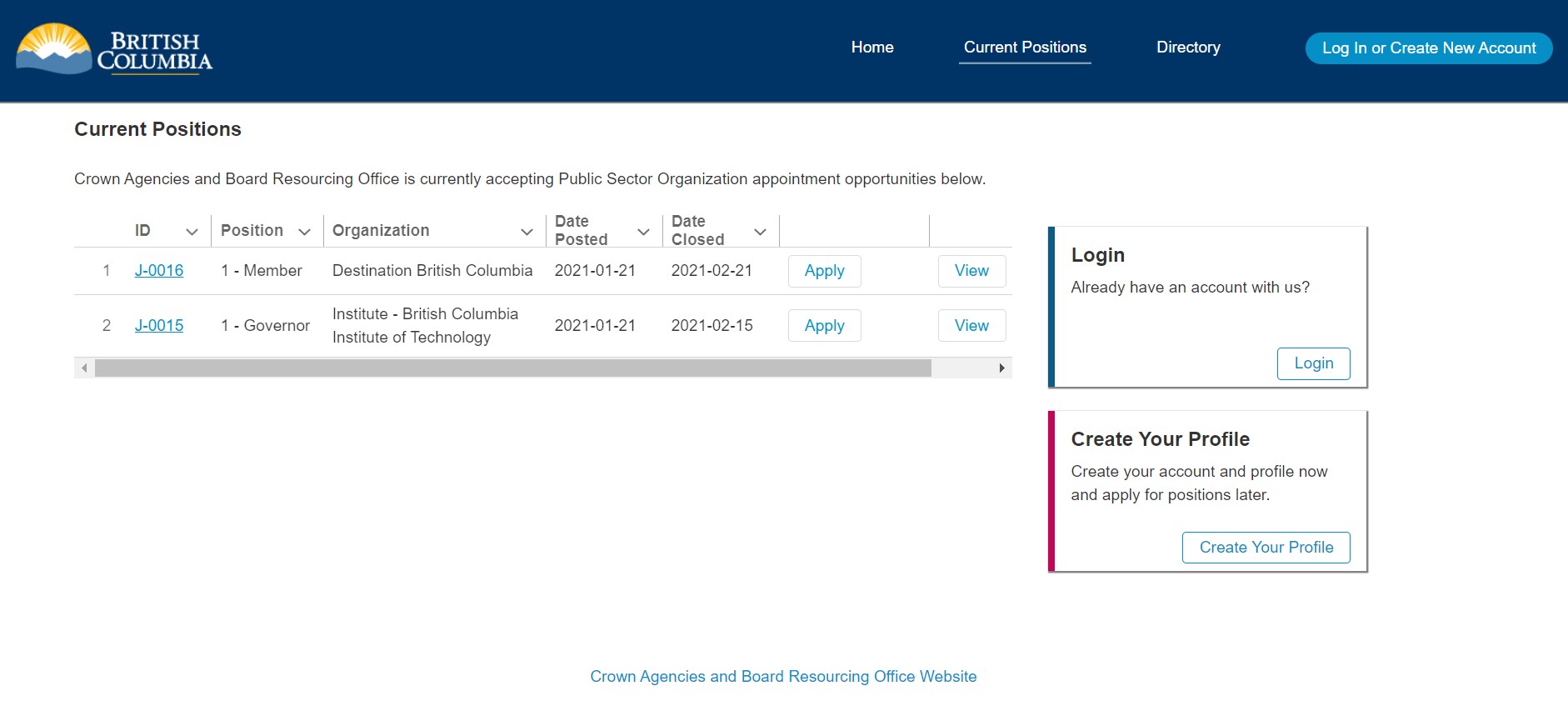 CABRO board appointment application list of notice of positions screen