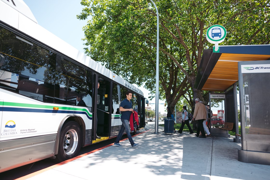 A BC Transit bus at a bus shelter next to a tree. Two people are gettting off the bus and a group of four people are getting on the bus.