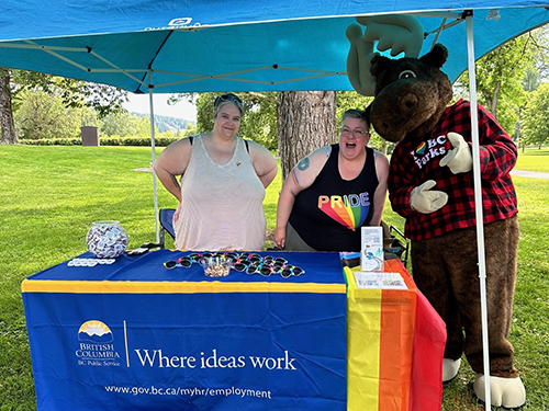 Two excited people stand at a table with a pride flag. A moose mascot is next to them.