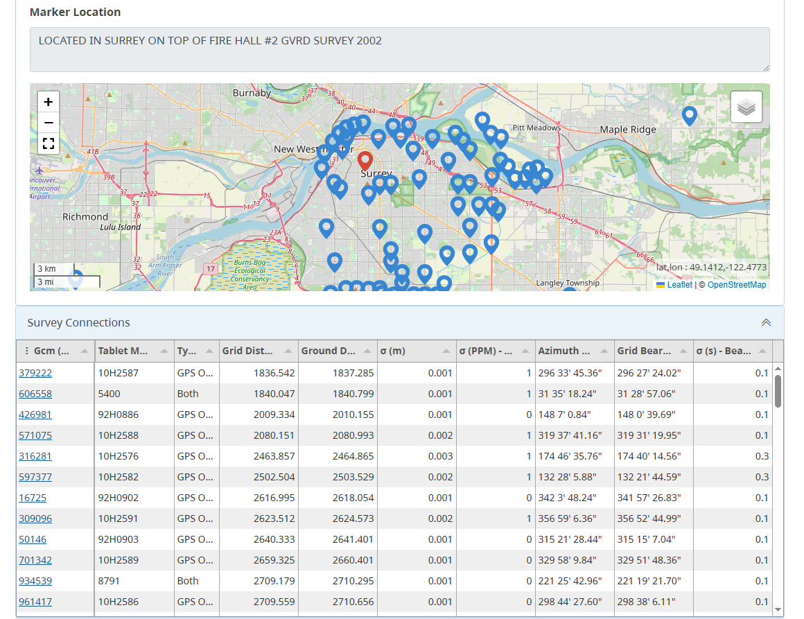 Map of geodetic control monuments in Surrey, BC with a table of associated survey connections.