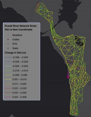 Figure 4: Network Strain Plot Showing the Changes in Distance Between Neighboring Stations as a Result of Modelled Corrections