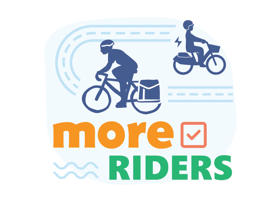 Illustration of two cyclists. Text says "more riders'