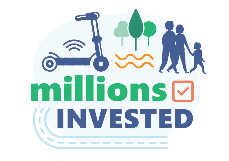 Illustration of electric kick scooter, people walking. Text says "millions invested"