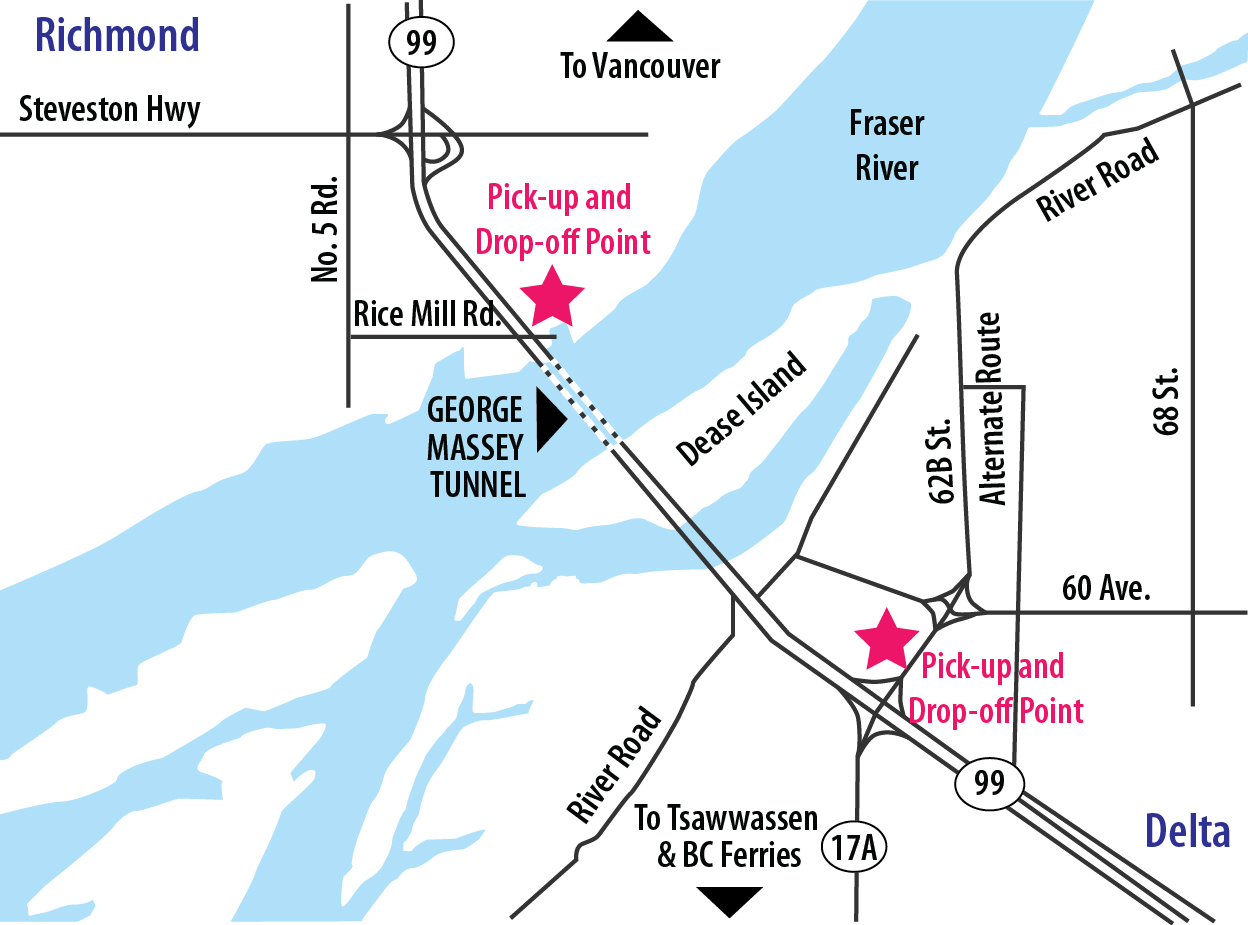 Map of George Massey Tunnel shuttle pick-up locations