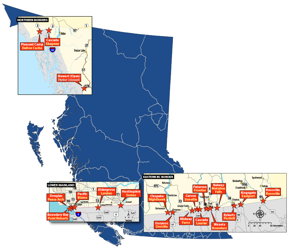 Map Of Bc Alberta Border Border Crossings - Province Of British Columbia