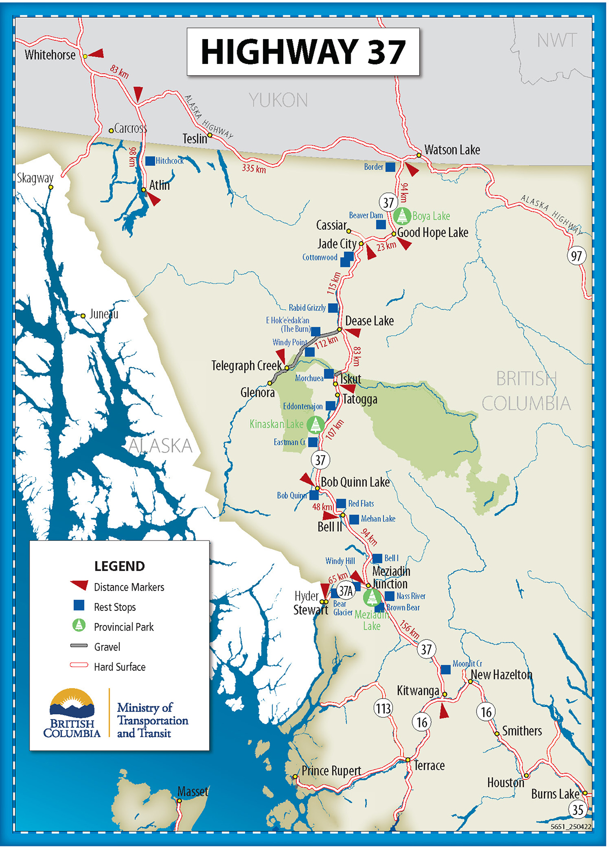 Highway 37 map showing locations of rest areas, scenic lookouts and camping.