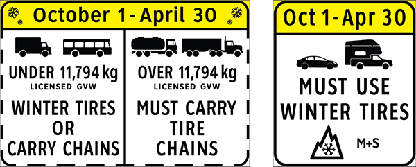 Winter tire and chain requirement signs