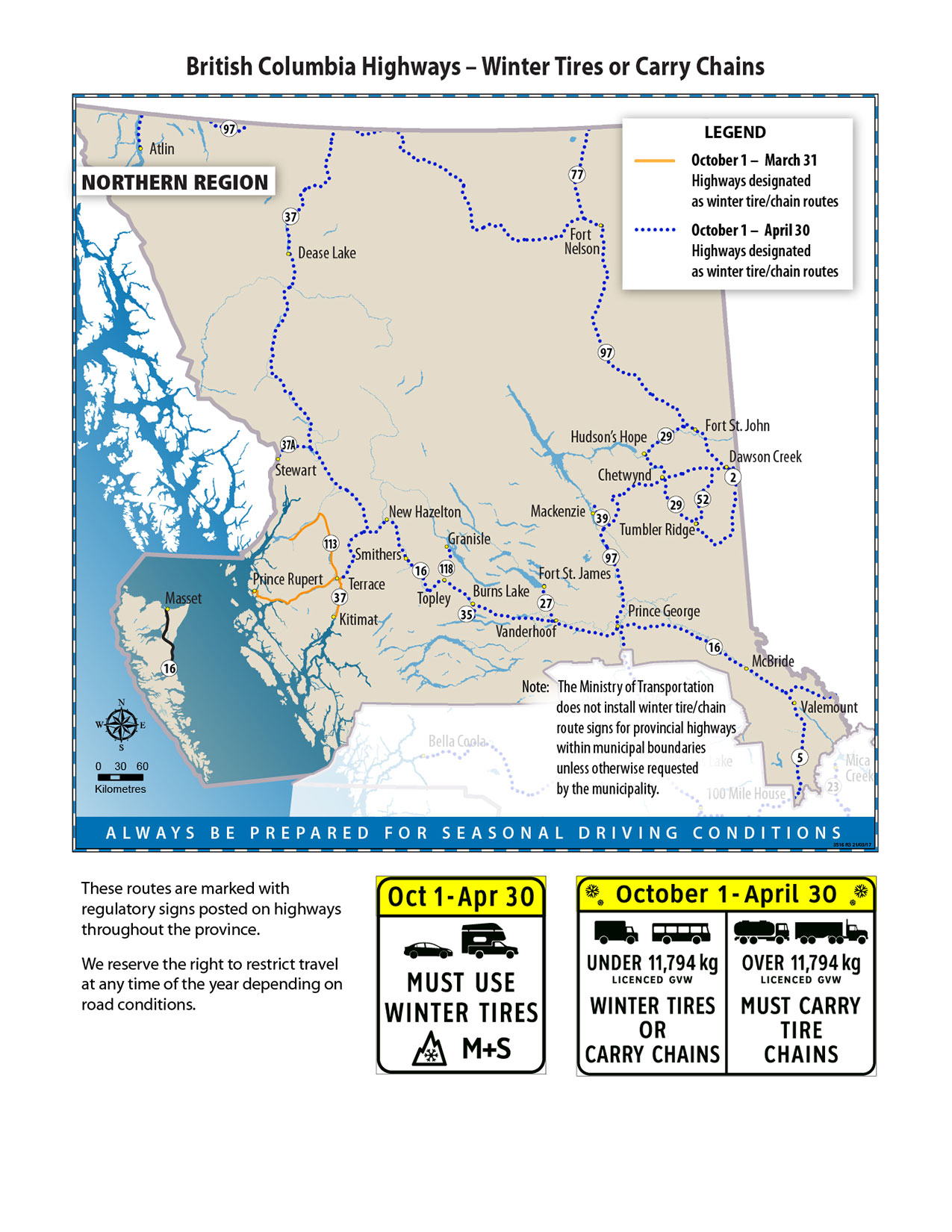 Northern Region map of winter tires and chains requirements