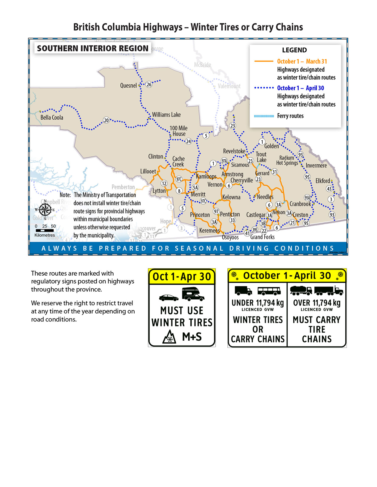 Southern Interior Region map of winter tire and chains requirements