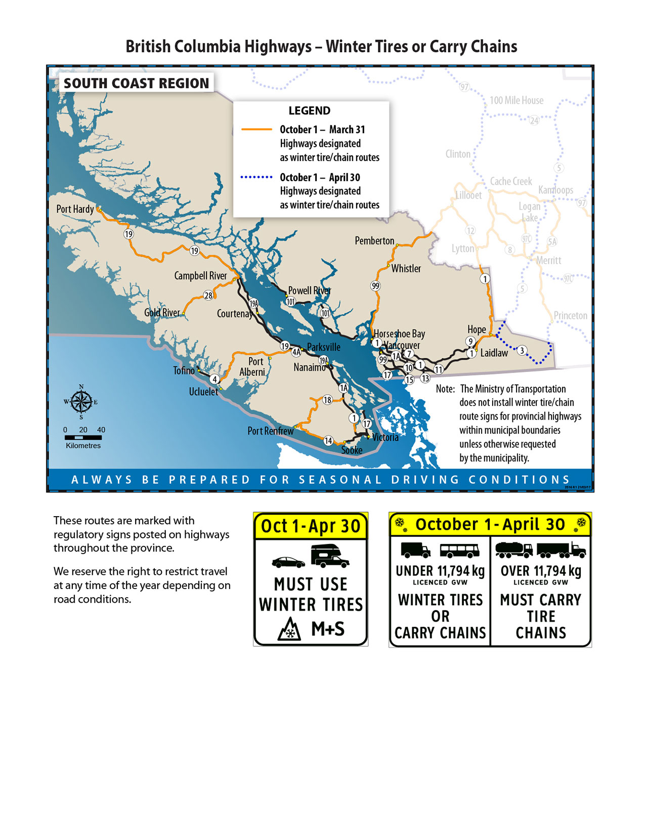 South Coast Region map of winter tires and chains requirements