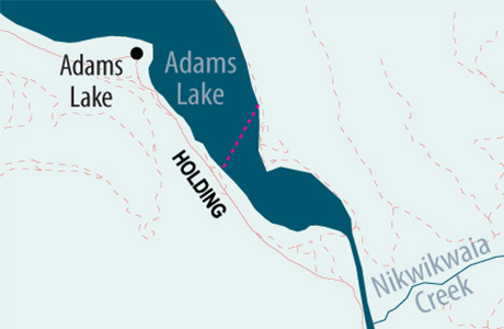 Map of the Adams Lake ferry that runs across Adams Lake, 20 km north of Highway 1 between Chase and Sorrento. The ferry is located approximately 80 km northeast of Kamloops and 50 km northwest of Salmon Arm.
