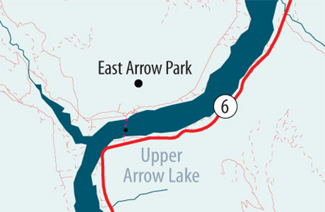 Map of the he Arrow Park ferry that runs across the junction of Upper and Lower Arrow Lakes at Arrow Park, 22km south of Nakusp on Highway 6