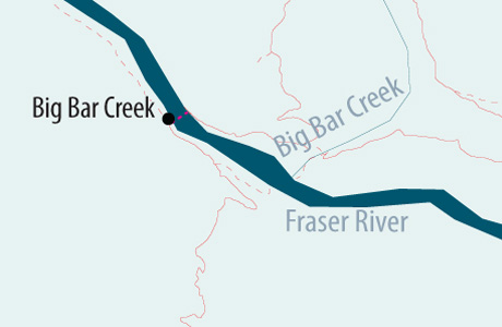 Map of Big Bar reaction ferry which runs across the Fraser River, 72 kilometres west of Clinton.