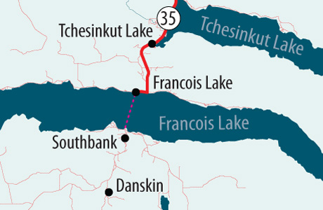 Map of the MV Francois Forester runs across Francois Lake on Highway 35, about 26 kilometres south of Burns Lake, from the community of Francois Lake (north side) to Southbank (south side)