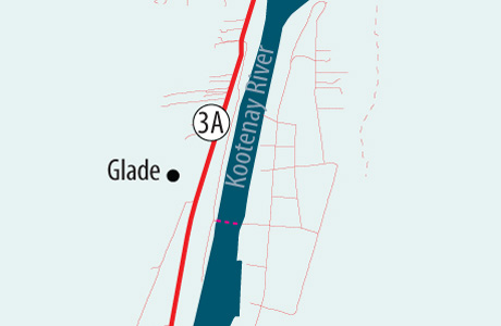 Map of the Glade cable ferry that runs across the Kootenay River on Highway 3A (22.5 kilometres west of Nelson) to Glade.