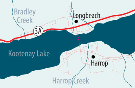 Map of the Harrop ferry that runs across Kootenay River, on Highway 3A, 24.5 kilometres northeast of Nelson and 8 kilometres west of Balfour to the communities of Harrop and Procter (on the south bank).