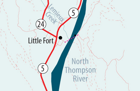 Map of Lytton reaction ferry that runs across the Fraser River, about 2.4 kilometres north of Lytton.