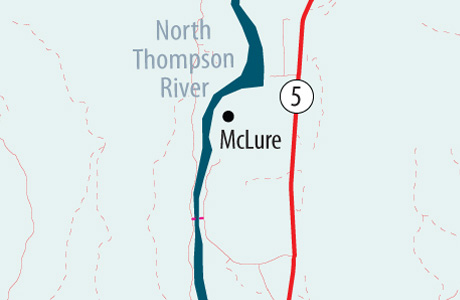 Map of McLure reaction ferry which runs across the North Thompson River, 43 kilometres north of Kamloops—off Highway 5 (east side of river).