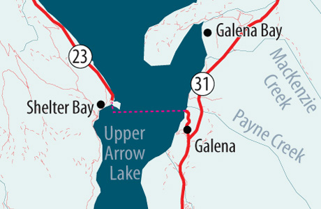 Map of the M.V. Columbia that runs across Upper Arrow Lake, 49 kilometres south of Revelstoke on Highway 23, between Shelter Bay (west side) and Galena Bay (east side).