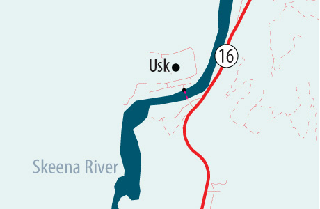 Map of the Usk ferry that runs across the Skeena River, about 16 kilometres northeast of Terrace, 0.8 kilometres off Highway 16, between South and North Usk.