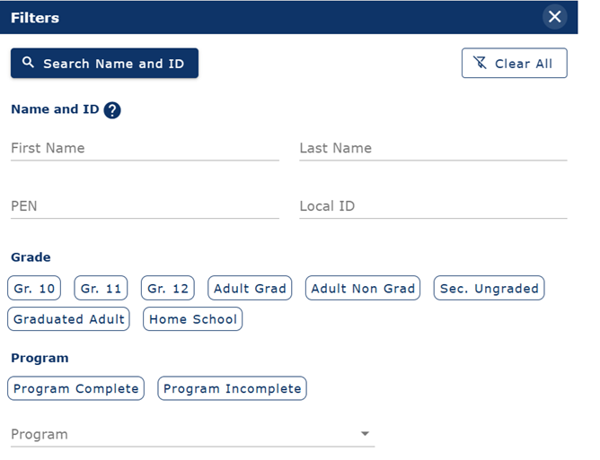 A filter dialog box that allows searching by student name, ID, grade, and program.