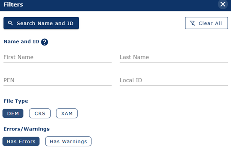 A filter dialog box searching by name, ID, file type, and errors/warnings