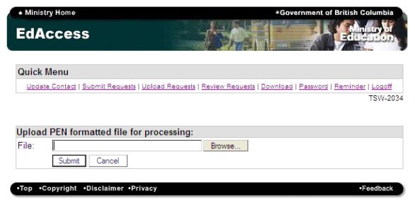 Uploading a PEN Request File interface