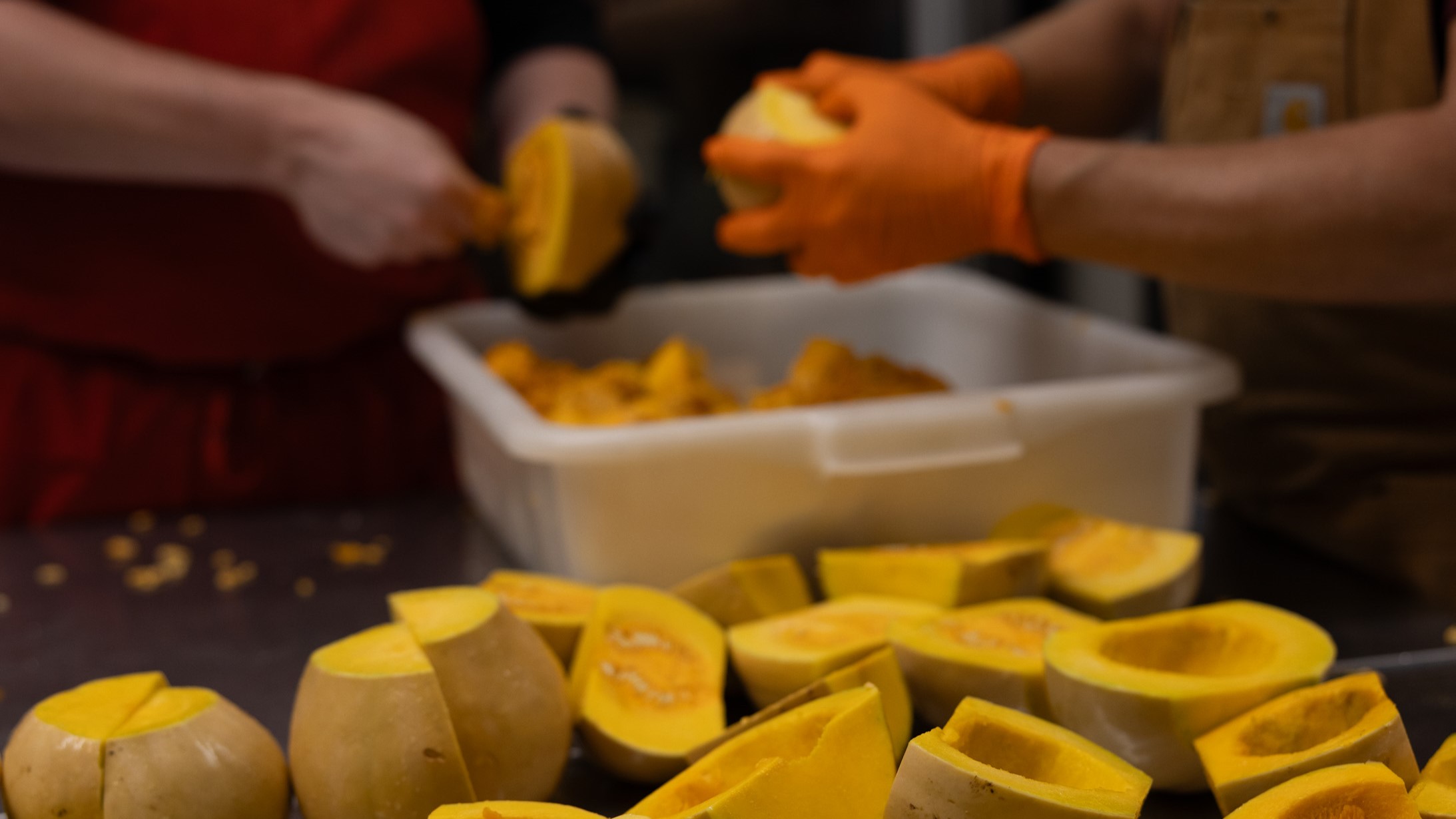 Local B.C. squash being cut and prepared.