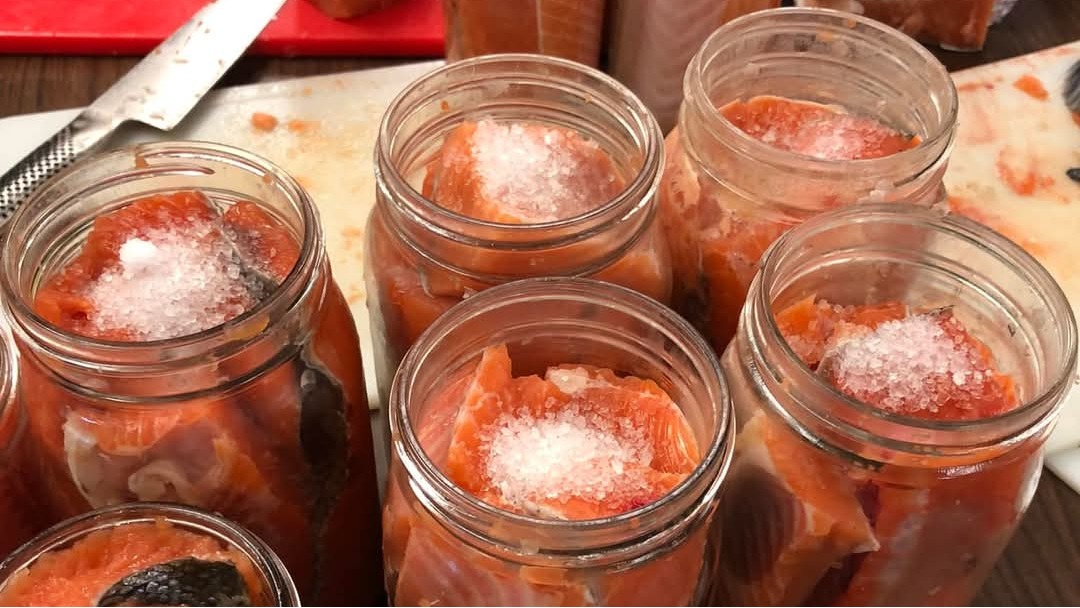 Canning jars filled with salmon