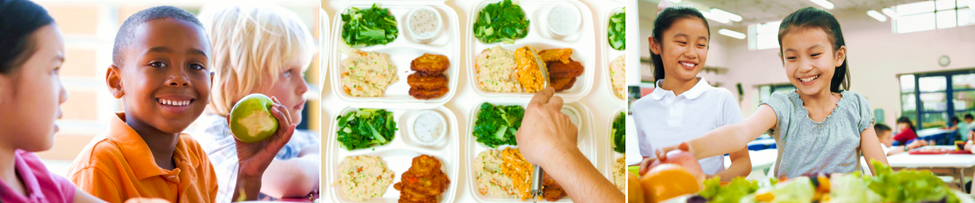 Three images side by side - boy eating an apple in a classroom, plates of school lunches, a girl reaching for fruit in a cafeteria