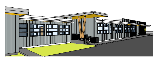 Modern school building with large windows, flat roofs, wooden trims, and a landscaped entrance with lawn and pathway.
