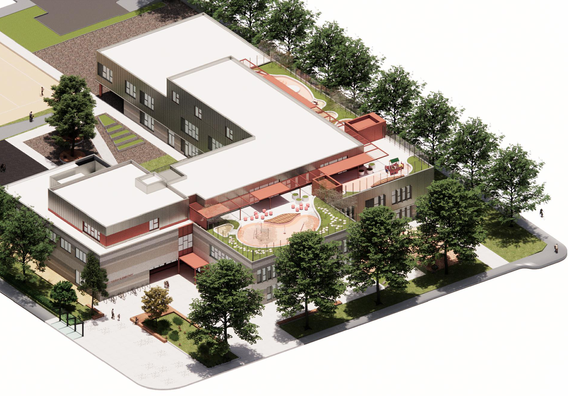 3D aerial rendering of a multi-level school with outdoor play areas and surrounding greenery.
