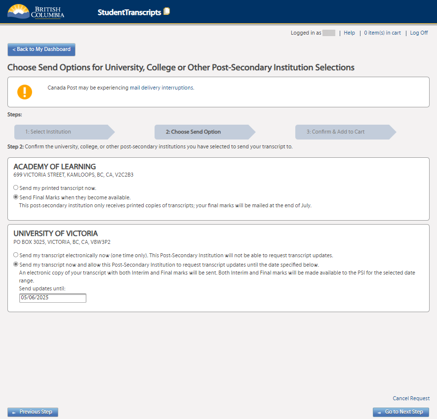 Choose how you want to send your transcript to the Post-Secondary Institution you have selected.