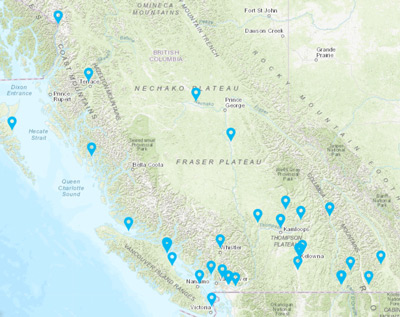 Map of BC with location markers