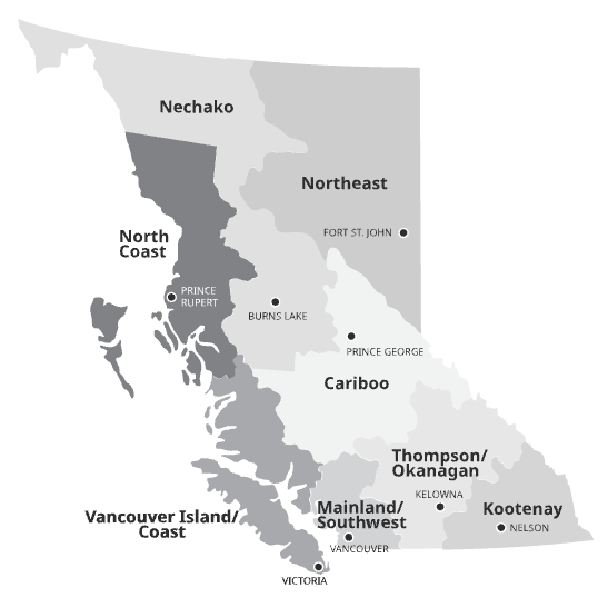 A map demonstrating the boundaries for the regions of B.C.: Nechako, North Coast, Northeast, Cariboo, Vancouver Island/Coast, Mainland/Southwest, Thompson/Okanagan, and Kootenay