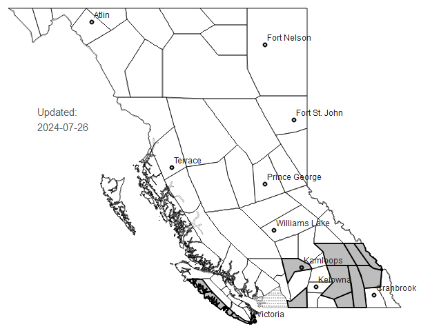 Smoky Skies Bulletin Regions for 2024-07-26: Arrow Lakes - Slocan Lake, East Columbia, East Kootenay - north including Invermere, Greater Victoria, Kootenay Lake, Similkameen, South Thompson, West Columbia, West Kootenay, West Vancouver Island, Yoho Park - Kootenay Park.