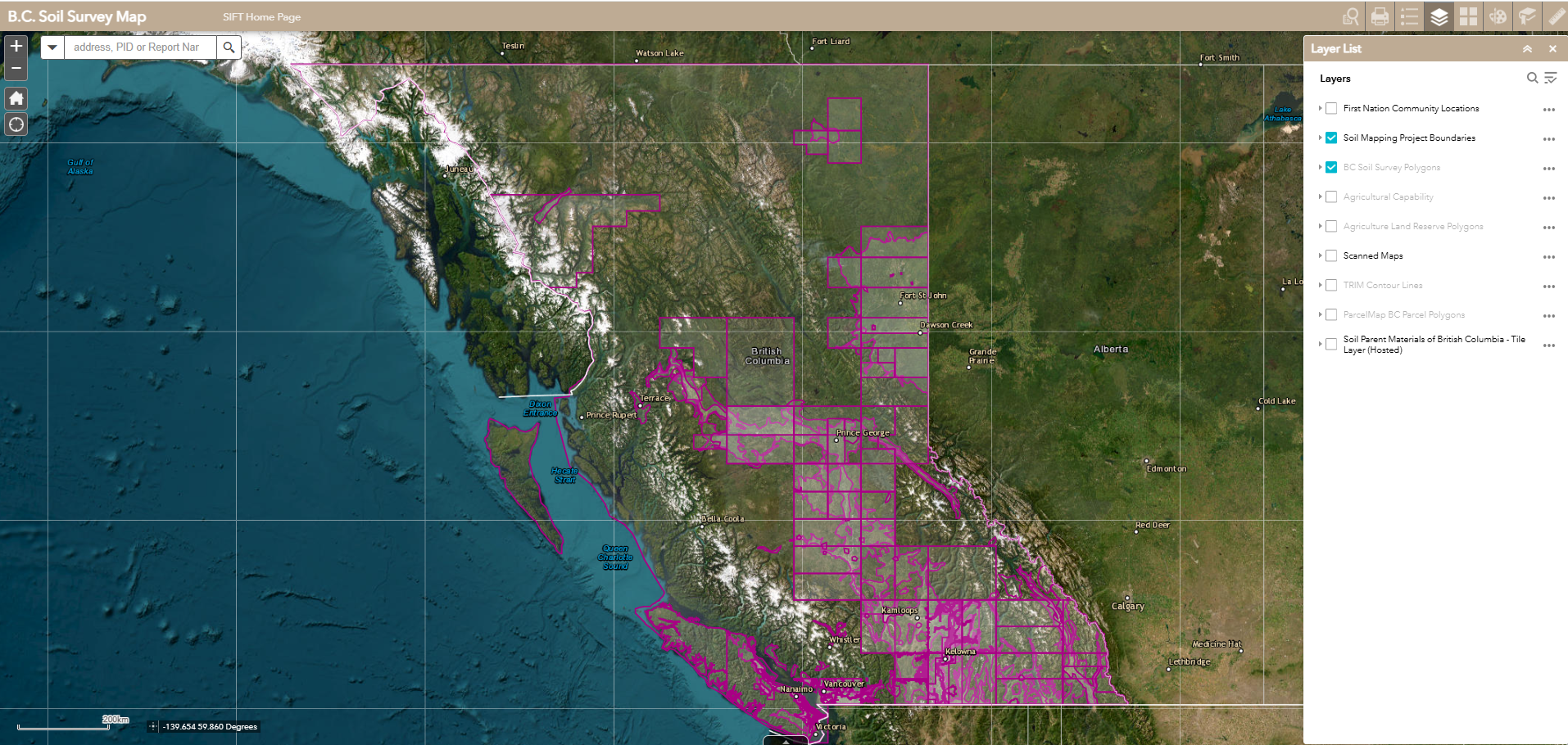 Screen shot of the Soils Information Finder Tool (SIFT) Map Application showing the portion of the province that is covered by soils survey mapping. Approximately 2/3 of the province mostly in the south and central areas have detailed soil surveys. There are notable gaps on the north coast, Haidai Gwaii, the north Peace, and the South East. The image is a button to launch the map application where users can explore and interact with map data.