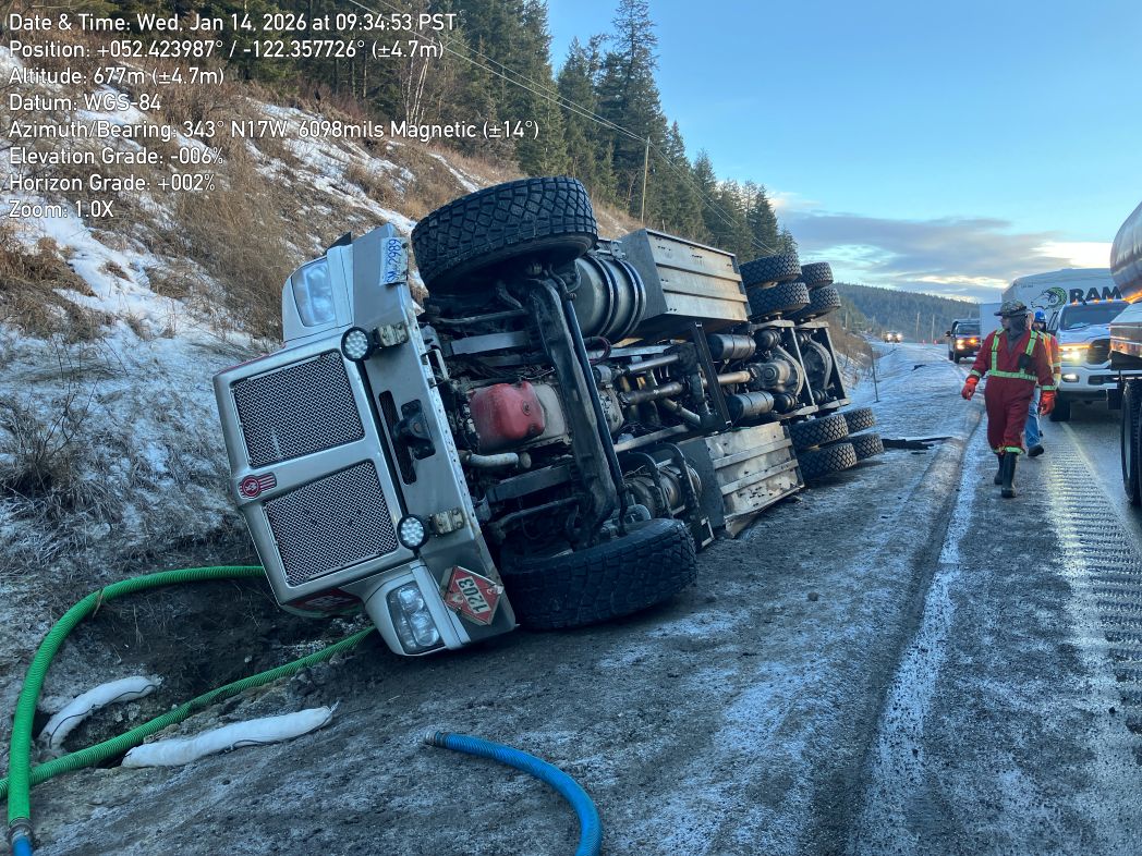 A tanker truck in McLeese Lake rolled on its side after a vehicle incident producing a spill