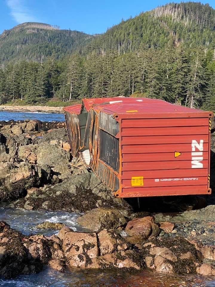 Container beached on the rocks.