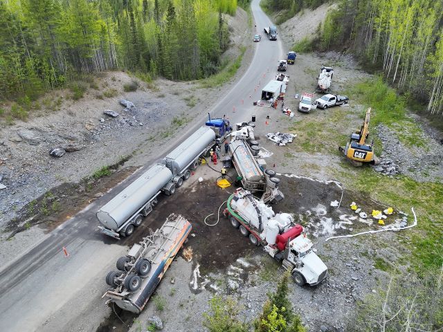 truck on side and clean up of spill