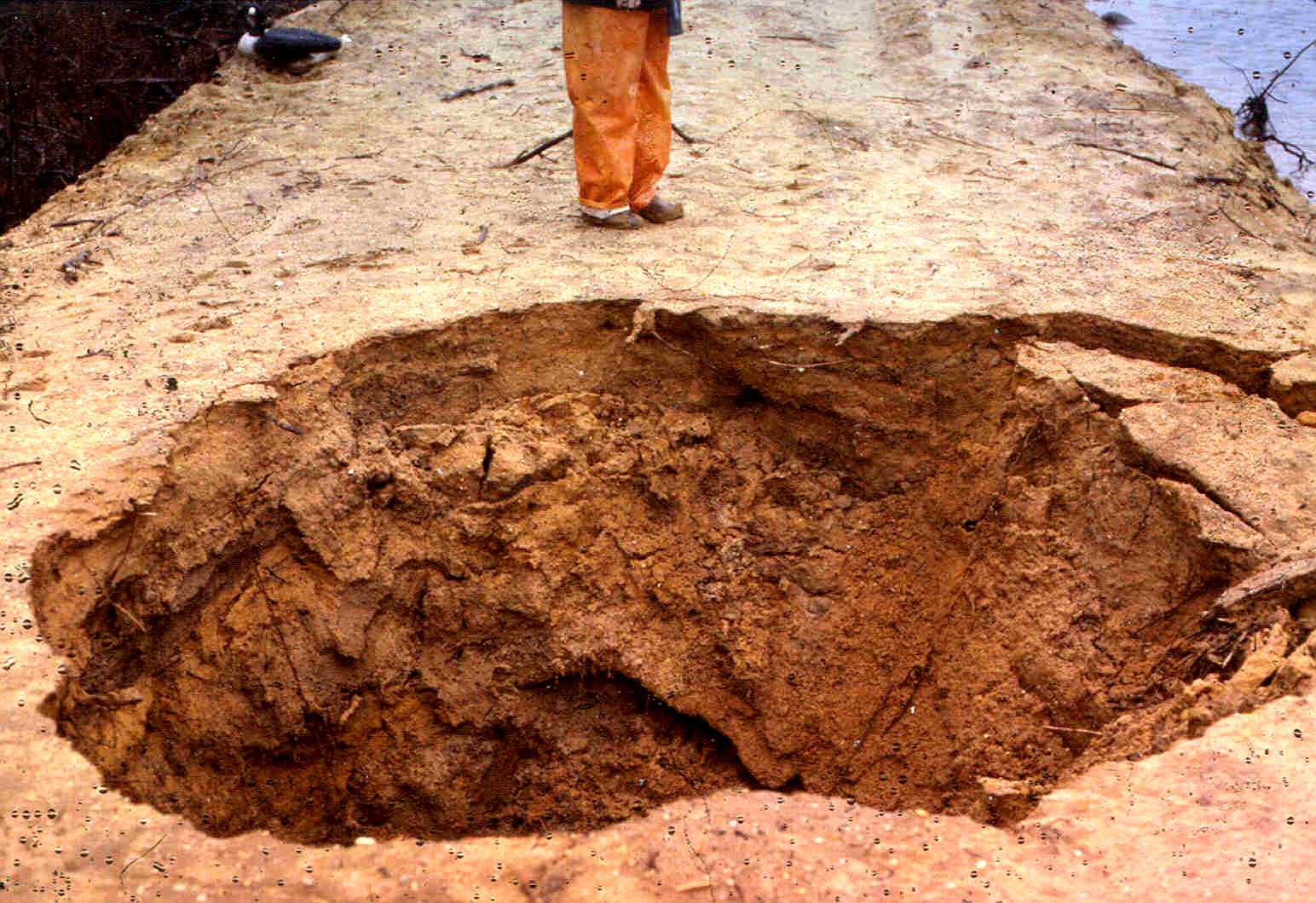 Photo of deep sinkhole on crest of dam