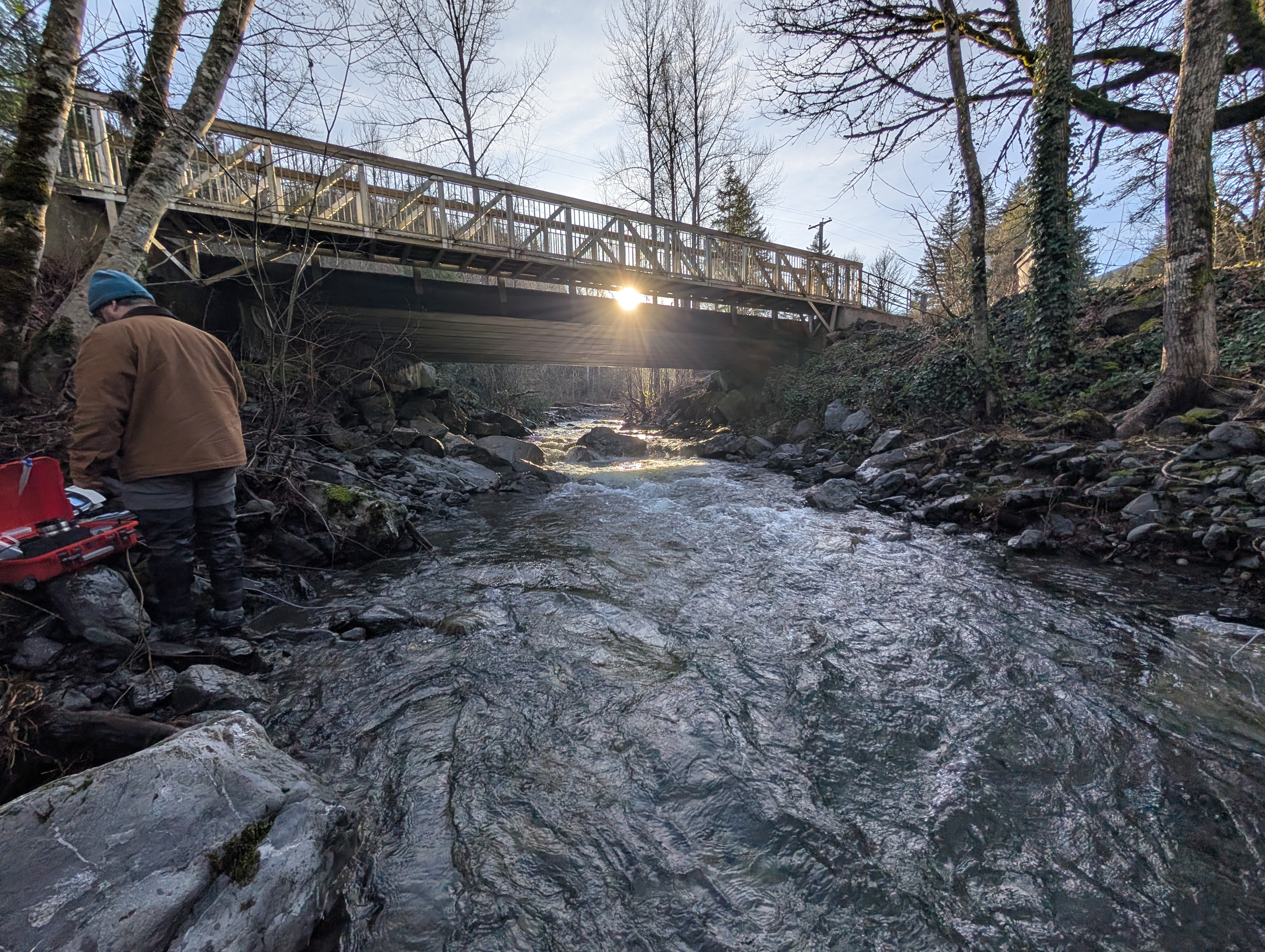 conductivity probes deployed in stream to measure discharge