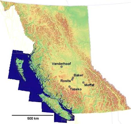 Map of B.C. showing study area locations.