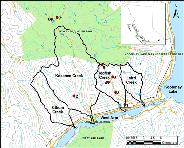 Map of watersheds and hydroclimate network under the West Arm Demonstration Forest programme