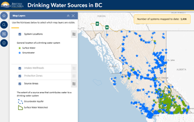 A screen capture of the drinking water sources in BC map. This map includes drinking water system locations, intakes and wellheads, protection zones and source areas.  
